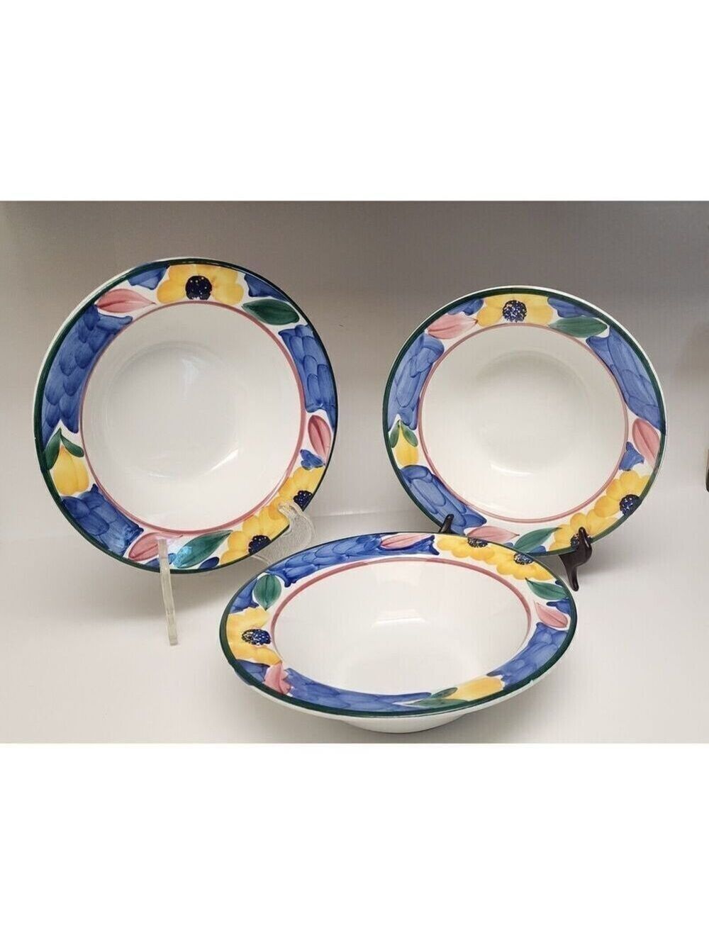 Pier 1 Hand Painted Serving Bowl Floral Multi-color Blue Yellow Italy 11” VTG